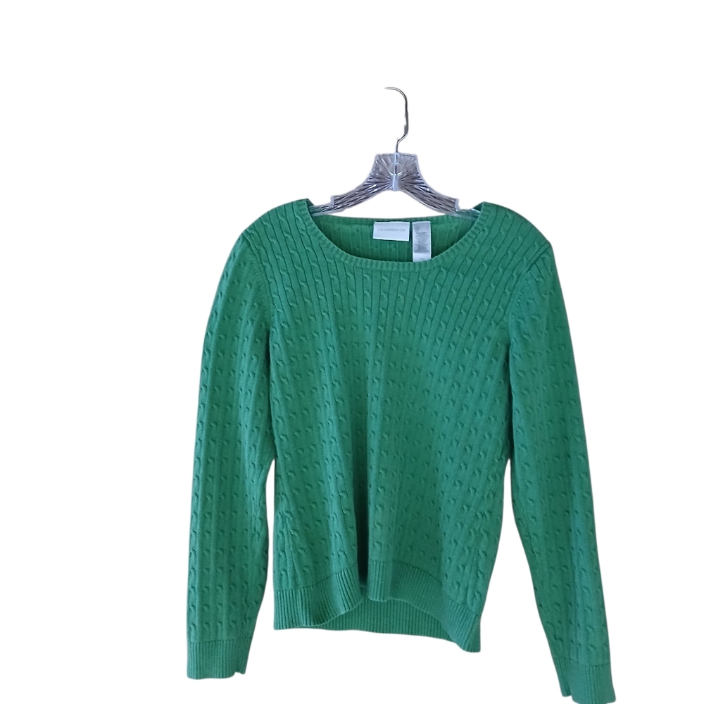 Liz Claiborne Green Scoop Neck Cableknit Cotton Sweater Large